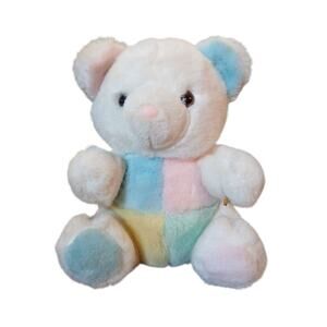 VTG Toys 'R' Us Pastel Color Blocks Plush Infant Teddy Bear Rattle Sound 10"T